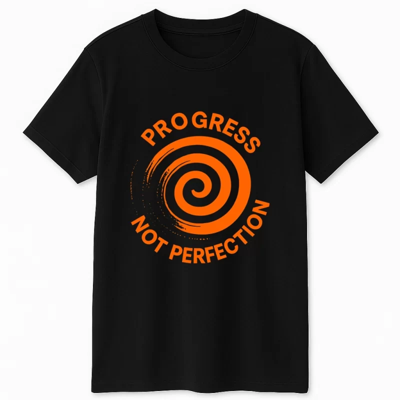 Cream drop-shoulder unisex t-shirt with bold orange spiral design and "Progress Not Perfection" text, from TEENEEDS WEARS