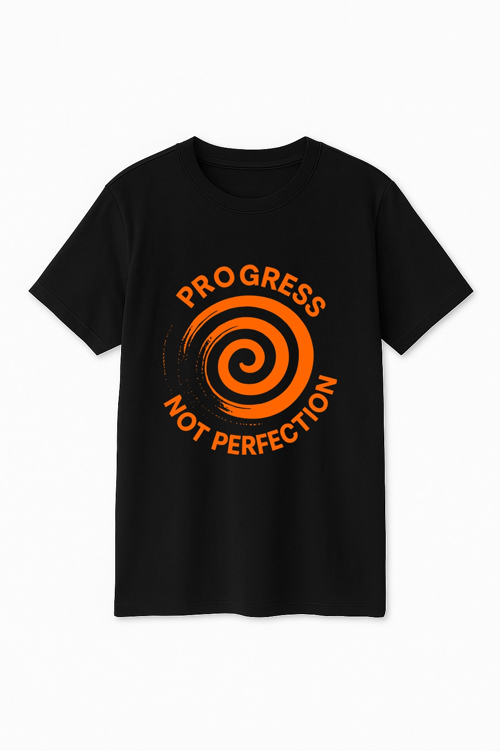 Cream drop-shoulder unisex t-shirt with bold orange spiral design and "Progress Not Perfection" text, from TEENEEDS WEARS