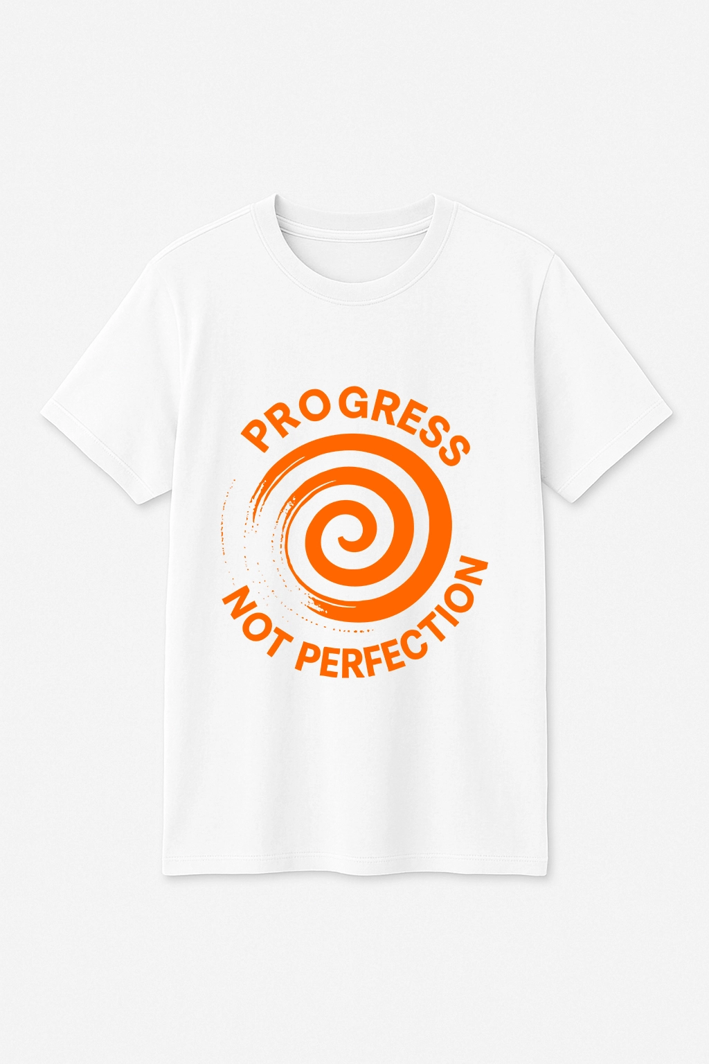 drop-shoulder unisex t-shirt with bold orange spiral design and "Progress Not Perfection" text, from TEENEEDS WEARS.